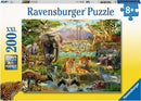 A colorful jigsaw puzzle titled 'Animals of the Savannah' by Ravensburger featuring a vibrant scene with various wildlife including elephants, lions, giraffes, zebras, and many other animals amidst lush greenery and a watering hole. The puzzle has 200 pieces designed for ages 8 and up, showcasing rich details and vivid colors that capture the beauty of the savannah ecosystem.
