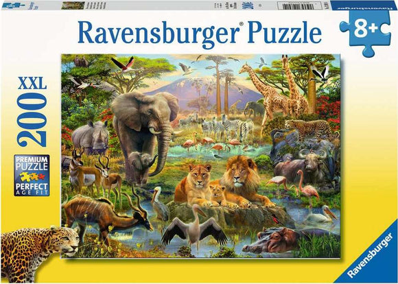 A colorful jigsaw puzzle titled 'Animals of the Savannah' by Ravensburger featuring a vibrant scene with various wildlife including elephants, lions, giraffes, zebras, and many other animals amidst lush greenery and a watering hole. The puzzle has 200 pieces designed for ages 8 and up, showcasing rich details and vivid colors that capture the beauty of the savannah ecosystem.