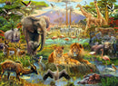 A vibrant jigsaw puzzle depicting the diverse wildlife of the savannah, featuring elephants, lions with cubs, giraffes, zebras, and various birds among lush vegetation and a backdrop of mountains.