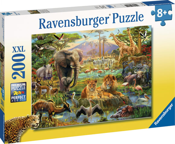 Ravensburger jigsaw puzzle featuring a vibrant and colorful illustration of a savannah scene. The puzzle showcases a variety of wild animals including elephants, lions, giraffes, rhinos, zebras, and various birds set against a picturesque background of trees and mountains. Ideal for ages 8 and up, this 200-piece XXL puzzle is designed for family fun and educational entertainment.