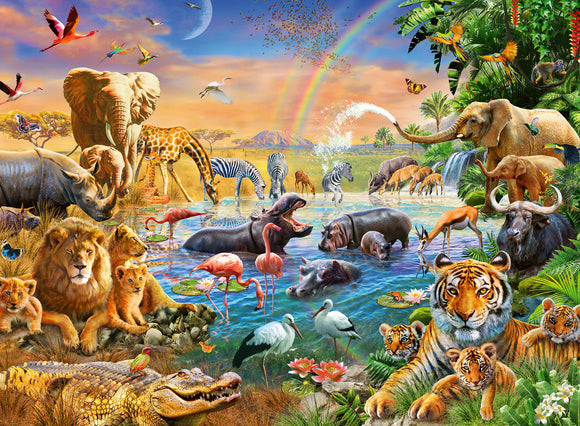A vibrant jigsaw puzzle featuring a savannah waterhole scene bursting with wildlife. Elephants, giraffes, lions, and tigers gather around a sparkling blue waterhole. Flamingos stand gracefully on the water's edge, while zebras, hippos, and various birds populate the lush, colorful landscape. The background showcases a rainbow and a sunset, enhancing the exotic atmosphere of the African wilderness.