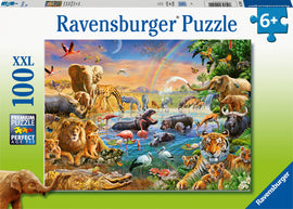 A vibrant jigsaw puzzle featuring a lively Savannah jungle waterhole scene. The artwork depicts various animals including elephants, lions, zebras, and a hippo in a colorful landscape with lush greenery and a waterfall, creating an engaging and immersive puzzle experience.