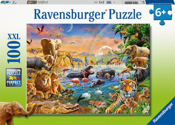 A vibrant jigsaw puzzle featuring a lively Savannah jungle waterhole scene. The artwork depicts various animals including elephants, lions, zebras, and a hippo in a colorful landscape with lush greenery and a waterfall, creating an engaging and immersive puzzle experience.