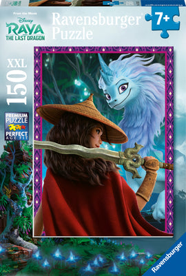 Ravensburger jigsaw puzzle featuring characters from Disney's 'Raya and the Last Dragon'. The image displays Raya holding a sword while standing beside the dragon, Sisu, in a lush, vibrant background. The puzzle is suitable for ages 7 and up, highlighting its colorful design and engaging theme.