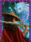 A vibrant jigsaw puzzle featuring characters from Disney's 'Raya and the Last Dragon.' The image showcases Raya, wearing a traditional hat and holding a sword, alongside Sisu, a luminous blue dragon. The background is rich with green foliage, adding a whimsical and adventurous feel to the composition.