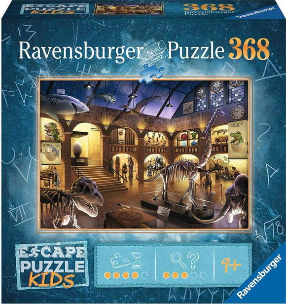 An intriguing jigsaw puzzle titled 'Museum Mysteries Escape Puzzle' by Ravensburger. The puzzle box features an illustration of a vibrant museum scene filled with dinosaur skeletons, various exhibits, and visitors engaging with different displays. The artwork showcases a dinosaur, artistic details, and educational elements that evoke curiosity and adventure. Suitable for ages 9 and up.