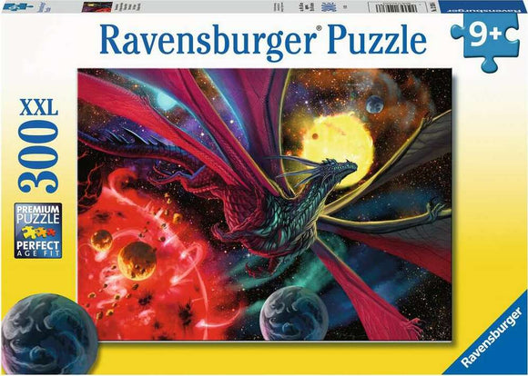Star Dragon jigsaw puzzle by Ravensburger featuring a vibrant, cosmic scene with a majestic dragon soaring through a star-filled sky, surrounded by colorful planets and a bright sun. The puzzle has 300 XXL pieces designed for ages 9 and up, showcasing intricate details and rich colors, making it a captivating addition to any puzzle enthusiast's collection.