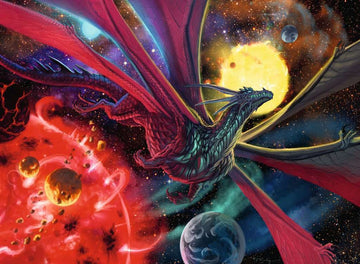 A colorful jigsaw puzzle featuring a majestic dragon soaring through a vibrant space scene. The dragon is depicted with red wings and intricate green scales, surrounded by a cosmic background of planets, stars, and celestial bodies, creating a fantastical and captivating visual experience.