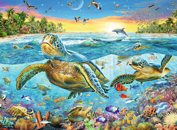 A vibrant jigsaw puzzle featuring a stunning underwater scene with multiple sea turtles swimming gracefully among colorful fish and coral reefs. The background showcases a peaceful beach setting under a bright sky filled with birds and a setting sun, creating a serene ocean atmosphere full of life.