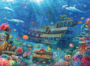 A colorful underwater scene depicting a sunken ship surrounded by vibrant coral reefs and a variety of fish, including colorful clownfish, alongside dolphins and a treasure chest filled with jewels and coins.