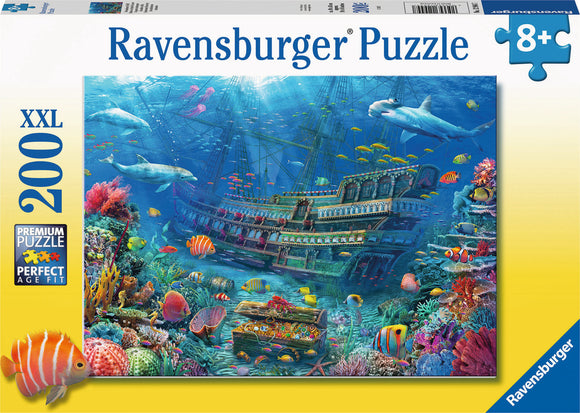 Underwater Discovery jigsaw puzzle by Ravensburger featuring a vibrant underwater scene with colorful fish, a sunken ship, and coral reefs. Ideal for ages 8 and up, this 200-piece XXL puzzle encourages creativity and enhances problem-solving skills while providing hours of immersive fun for family and friends.