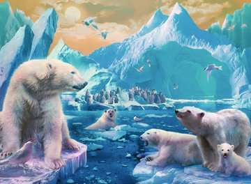 The 'Polar Bear Kingdom' jigsaw puzzle features a stunning illustration of several polar bears in a vibrant icy landscape. The scene includes majestic mountains, floating icebergs, and a group of seals in the background, showcasing the beauty of Arctic wildlife. The colorful artwork invites puzzle enthusiasts to immerse themselves in a captivating winter environment as they assemble the 1000-piece challenge.