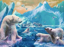 The 'Polar Bear Kingdom' jigsaw puzzle features a stunning illustration of several polar bears in a vibrant icy landscape. The scene includes majestic mountains, floating icebergs, and a group of seals in the background, showcasing the beauty of Arctic wildlife. The colorful artwork invites puzzle enthusiasts to immerse themselves in a captivating winter environment as they assemble the 1000-piece challenge.