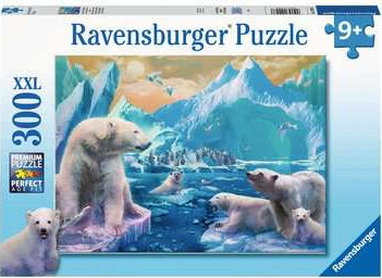 Ravensburger jigsaw puzzle titled 'Polar Bear Kingdom'. The puzzle features a serene Arctic scene with multiple polar bears on ice, surrounded by icy blue waters and mountains. Ideal for ages 9 and up, this 300-piece puzzle captures the beauty of wildlife in a stunning landscape.