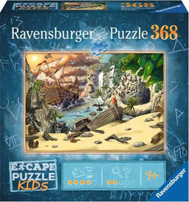 Ravensburger Pirate's Peril Kids Escape Puzzle featuring a colorful, adventurous scene with a pirate ship, beach, and treasure elements, designed for kids aged 9 and up. The puzzle box displays a partially completed image, encouraging imaginative play and problem-solving skills.