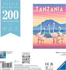 Ravensburger London Postcard jigsaw puzzle featuring a vibrant illustration of flamingos standing on a serene waterbody with mountains in the background. The puzzle consists of 200 pieces and measures approximately 21 x 33 cm. It promotes relaxation and enjoyable 'me time' activities.