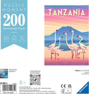 Ravensburger Tanzanian jigsaw puzzle featuring five flamingos in a serene landscape with a mountain backdrop. The puzzle has 200 pieces and is designed for ages 8 and up, emphasizing relaxation and enjoyment.