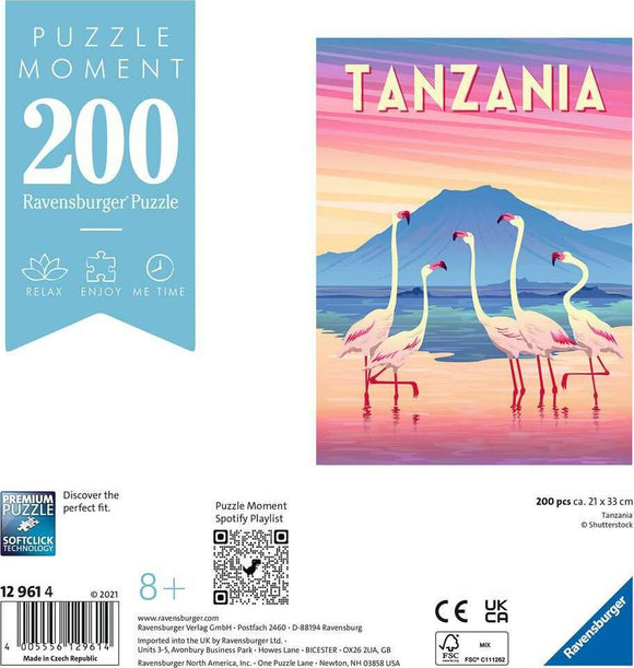 Ravensburger Tanzanian jigsaw puzzle featuring five flamingos in a serene landscape with a mountain backdrop. The puzzle has 200 pieces and is designed for ages 8 and up, emphasizing relaxation and enjoyment.