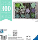 Ravensburger jigsaw puzzle titled 'Green' featuring a beautiful array of 12 potted succulents in various shades of green and purple. The puzzle is composed of 300 pieces and is designed for ages 8 and up. The image showcases the puzzle's vibrant colors and intricate details, perfect for relaxation and enjoyment.