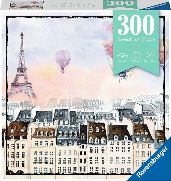 Ravensburger 300-piece jigsaw puzzle featuring a beautifully illustrated cityscape with charming rooftops and whimsical hot air balloons floating above. The scene includes the iconic Eiffel Tower, set against a soft, pastel sky, creating a calming and nostalgic atmosphere for puzzle enthusiasts.