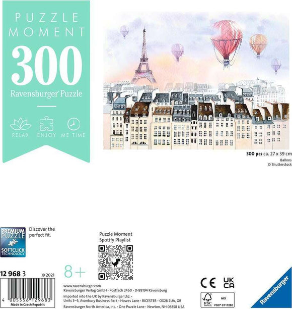 Ravensburger Jigsaw Puzzle titled 'Balloons'. Features a whimsical illustration of Paris, showcasing the Eiffel Tower and colorful hot air balloons floating in a pastel sky. The puzzle contains 300 pieces and measures 27 x 39 cm, designed for ages 8 and up. Premium quality with Softclick technology for a perfect fit, ideal for relaxation and enjoyable pastime.