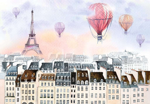 A beautiful jigsaw puzzle featuring a whimsical watercolor illustration of hot air balloons floating over Paris, with the Eiffel Tower prominently in the background. The scene captures charming Parisian rooftops and a pastel sky, perfect for puzzle enthusiasts who enjoy scenic views.