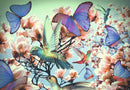 A beautiful jigsaw puzzle featuring vibrant hummingbirds and colorful butterflies among pastel pink flowers. The intricate design captures the lively nature of these creatures in a serene floral setting, perfect for puzzle lovers.