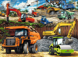 A colorful jigsaw puzzle featuring a variety of construction vehicles in action at a construction site. The image showcases an orange dump truck, an excavator, a bulldozer, a cement mixer truck, and other machinery against a backdrop of cranes and earthmoving activities. Each vehicle is illustrated in vibrant detail, appealing to construction enthusiasts and puzzle lovers alike.