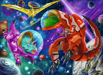 A colorful jigsaw puzzle depicting space-themed dinosaurs in astronaut gear. A T-rex labeled 'REX' and a triceratops labeled 'TRIX' float in a cosmic scene filled with planets and stars, accompanied by a pterodactyl named 'DON'. Vibrant colors and imaginative designs invite both children and adults to enjoy the challenge of piecing together this unique puzzle.