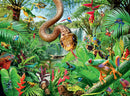 Reptile Resort jigsaw puzzle by Ravensburger featuring a vibrant jungle scene filled with various reptiles, amphibians, and tropical plants. A large snake twists through the foliage, while colorful frogs and chameleons are perched among the lush greenery. The background showcases a waterfall and diverse wildlife, creating an immersive, captivating image for puzzle enthusiasts.