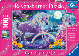 Glitter Unicorn jigsaw puzzle by Ravensburger featuring a magical scene with a glittery unicorn, colorful flowers, and a rainbow. Designed for ages 6 and up, this 100-piece premium puzzle offers a vibrant and whimsical experience for young puzzlers.