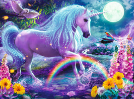 A whimsical jigsaw puzzle featuring a glittering unicorn in a vibrant landscape. The unicorn is adorned with a shimmering mane and tail, surrounded by a colorful rainbow, sparkling flowers, and a serene moonlit backdrop. The scene is rich in detail, showcasing butterflies, flowers, and a magical atmosphere perfect for creative minds.
