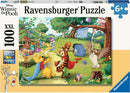 A colorful jigsaw puzzle titled 'Pooh to the Rescue' featuring Winnie the Pooh, Tigger, Piglet, Eeyore, and Owl in a whimsical outdoor setting. The puzzle displays vibrant characters engaging in a playful adventure, surrounded by nature, with trees, flowers, and various items like kites and picnic decorations. Ideal for ages 6 and up.