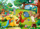 A colorful jigsaw puzzle featuring beloved Winnie the Pooh characters in a cheerful outdoor setting. Pooh and Tigger are shown playfully flying a kite while other characters like Eeyore, Piglet, and Owl enjoy a picnic. Gifts and flowers surround them, adding to the whimsical atmosphere of friendship and joy.