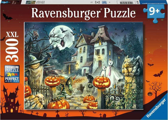 A vibrant jigsaw puzzle box featuring a spooky Halloween scene designed by Ravensburger. The illustration showcases a haunted house surrounded by pumpkins, ghosts, bats, and other eerie elements, perfect for family fun during the Halloween season. Ideal for ages 9 and up, this 300-piece puzzle promises an engaging challenge and a festive atmosphere.