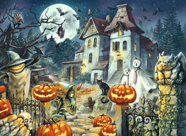 A spooky Halloween-themed jigsaw puzzle by Ravensburger, featuring a haunted house surrounded by carved pumpkins, ghoulish figures, bats, and eerie trees under a full moon.