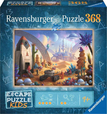 Ravensburger jigsaw puzzle titled 'Space Storm Strike' featuring a colorful alien landscape with a rocket, strange creatures, and vibrant plants, designed for kids aged 9 and up.