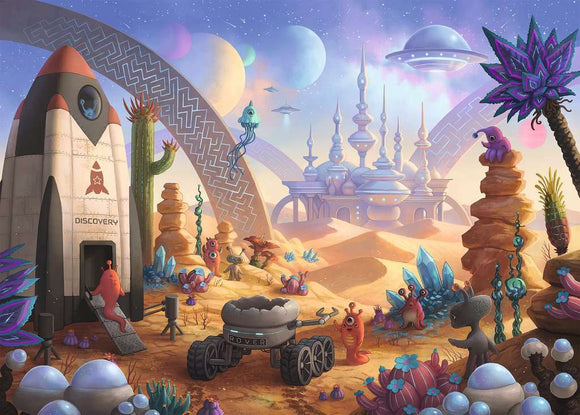A colorful jigsaw puzzle featuring a vibrant space scene with a rocket labeled 'Discovery,' alien creatures, crystalline formations, and a futuristic landscape. The background showcases planets and whimsical architecture, creating a fantastical atmosphere perfect for puzzle enthusiasts.