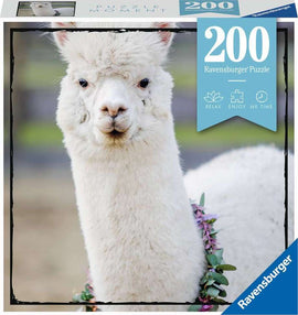 Ravensburger 200-piece jigsaw puzzle titled 'Puzzle Moments: Alpaca'. The image showcases a close-up of a fluffy white alpaca wearing a floral necklace, set against a soft blurred background that enhances the tranquility of the scene.