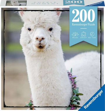 Ravensburger 200-piece jigsaw puzzle titled 'Puzzle Moments: Alpaca'. The image showcases a close-up of a fluffy white alpaca wearing a floral necklace, set against a soft blurred background that enhances the tranquility of the scene.