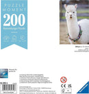 A 200-piece jigsaw puzzle featuring a charming white alpaca adorned with a floral necklace. The puzzle's background is soft and natural, enhancing the delightful image of the alpaca. Designed for relaxation and enjoyment, this Ravensburger puzzle is perfect for 'me time'. Dimensions are approximately 21 x 33 cm.