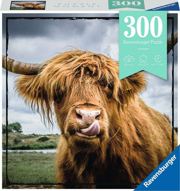 Ravensburger Puzzle Moments: Highland Cattle jigsaw puzzle featuring a close-up image of a Highland cow with long hair and prominent horns set against a cloudy sky and grassy landscape. The puzzle box displays '300 Ravensburger Puzzle' and highlights relaxation and enjoyment.