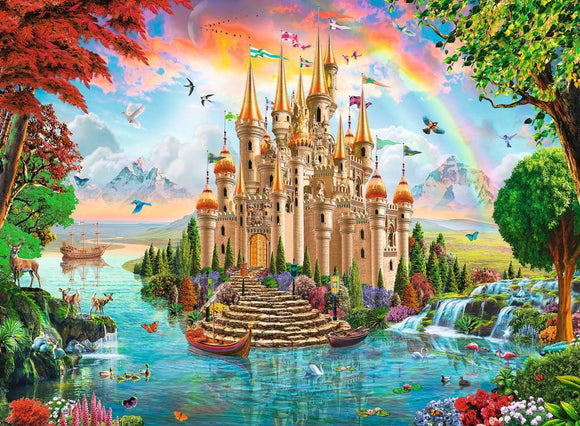 A colorful jigsaw puzzle featuring a magical rainbow castle surrounded by lush greenery, vibrant flowers, and cascading waterfalls. The scene includes various wildlife such as deer and birds, with a serene lake reflecting the brilliant colors of the castle and a rainbow in the sky. A ship can be seen in the distance, creating a whimsical and enchanting atmosphere.