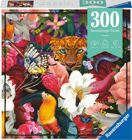 Puzzle Moments: Tropical Flower jigsaw puzzle by Ravensburger featuring a vibrant collage of tropical flowers, a leopard, colorful butterflies, and exotic birds, showcasing a lush and lively jungle scene. The puzzle includes 300 pieces, perfect for relaxation and enjoyment.