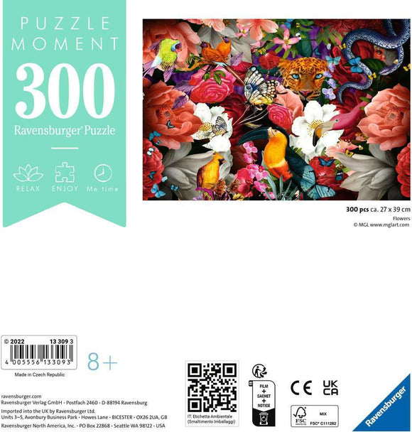 Ravensburger Puzzle Moments: Tropical Flower jigsaw puzzle featuring a vibrant design with a variety of colorful flowers, butterflies, and tropical birds. The puzzle contains 300 pieces and measures 27 x 39 cm, perfect for relaxation and enjoyment.