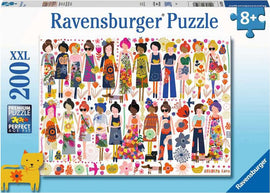 A colorful jigsaw puzzle titled 'Flowers & Friends' by Ravensburger. The image features a vibrant assortment of women and floral designs, showcasing diversity and creativity. Ideal for puzzlers aged 8 and up, with 200 large pieces for an engaging assembling experience.