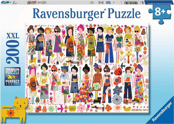 A colorful jigsaw puzzle titled 'Flowers & Friends' by Ravensburger. The image features a vibrant assortment of women and floral designs, showcasing diversity and creativity. Ideal for puzzlers aged 8 and up, with 200 large pieces for an engaging assembling experience.