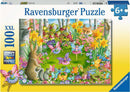 A vibrant 100-piece jigsaw puzzle by Ravensburger featuring whimsical fairy creatures in a colorful garden setting filled with flowers, animals, and playful elements. Ideal for ages 6 and up, this intricately designed puzzle showcases delightful fairies, butterflies, and woodland animals amidst a backdrop of blooming plants and trees, encouraging creativity and fine motor skills in children.