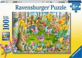 A vibrant 100-piece jigsaw puzzle by Ravensburger featuring whimsical fairy creatures in a colorful garden setting filled with flowers, animals, and playful elements. Ideal for ages 6 and up, this intricately designed puzzle showcases delightful fairies, butterflies, and woodland animals amidst a backdrop of blooming plants and trees, encouraging creativity and fine motor skills in children.
