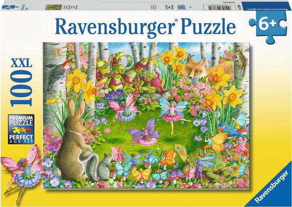 A vibrant 100-piece jigsaw puzzle by Ravensburger featuring whimsical fairy creatures in a colorful garden setting filled with flowers, animals, and playful elements. Ideal for ages 6 and up, this intricately designed puzzle showcases delightful fairies, butterflies, and woodland animals amidst a backdrop of blooming plants and trees, encouraging creativity and fine motor skills in children.